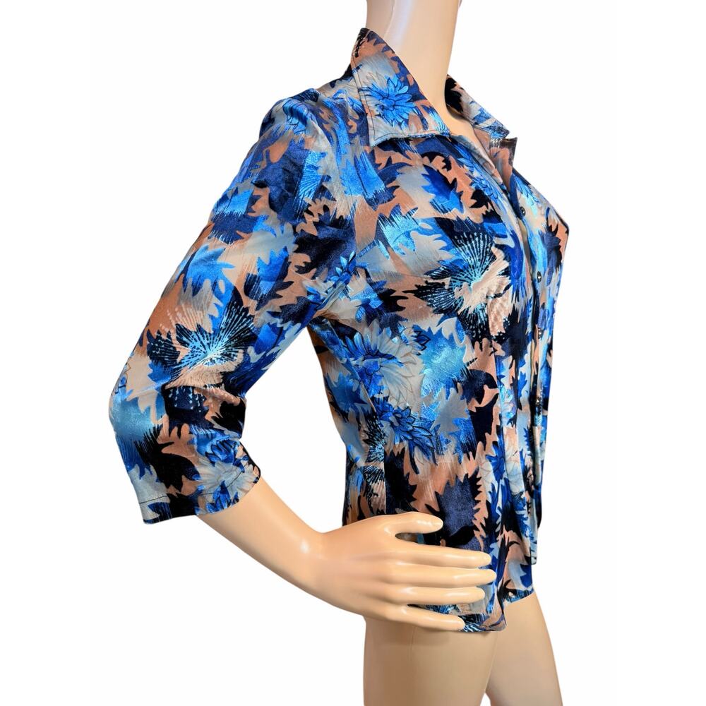 VTG 90s Velvet Burnout Blouse Small Blue Floral Sheer Boho Whimsigoth Glam Top - Picture 4 of 15
